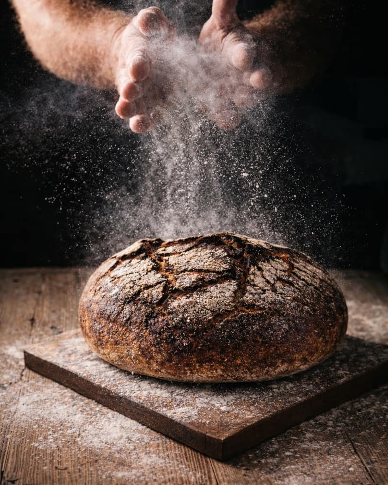 Flaxseed Rye Loaf on a wooden board, flour dusting down from the baker’s hands