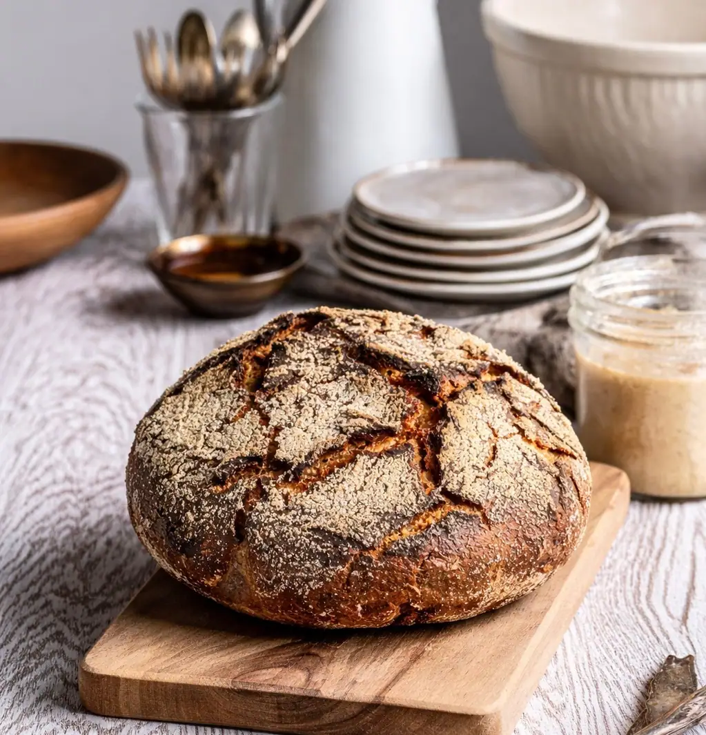 A rye loaf on a wooden board beside a jar of sourdough starter