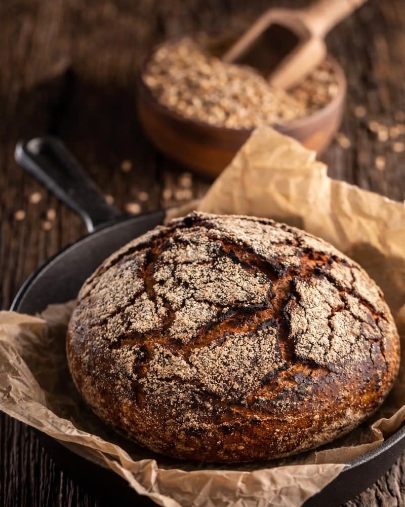 Sunshine Rye Loaf in a cast iron pan, sunflower seeds beside it